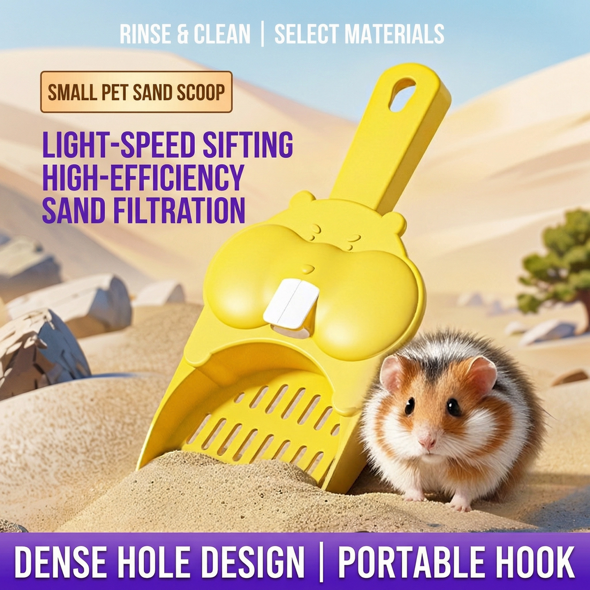 Small pet sand scoop with dense hole design and a hamster on sand, desert background.