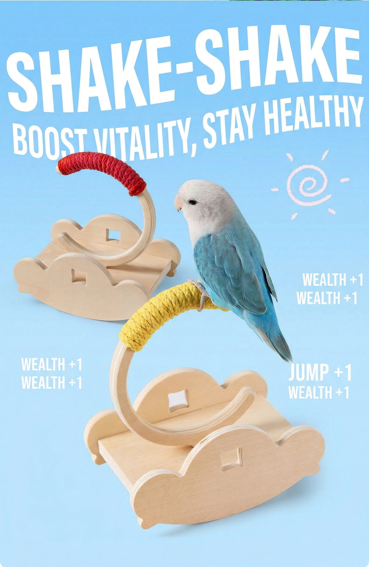 Blue and white pet bird on a wooden bird perch with rope, bird perch toy in background, blue backdrop.