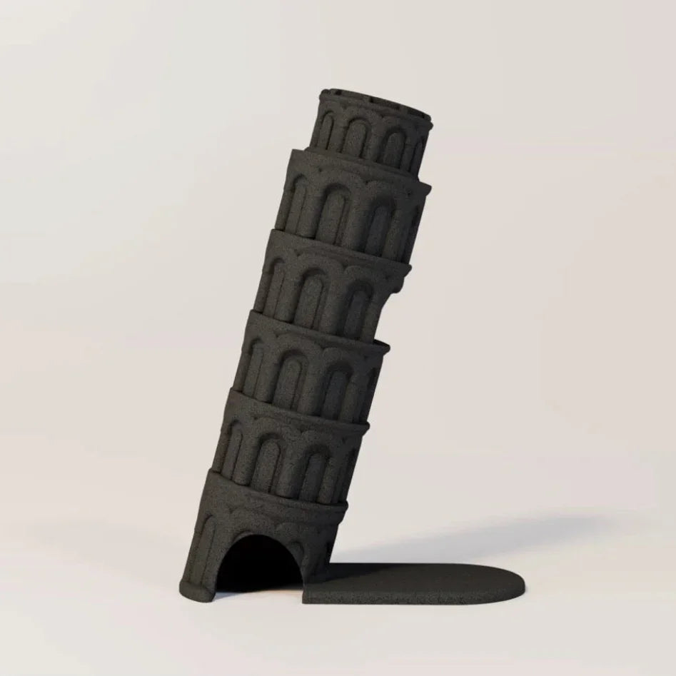 Leaning Tower of Pisa reptile hideout terrarium decor in dark gray on white background
