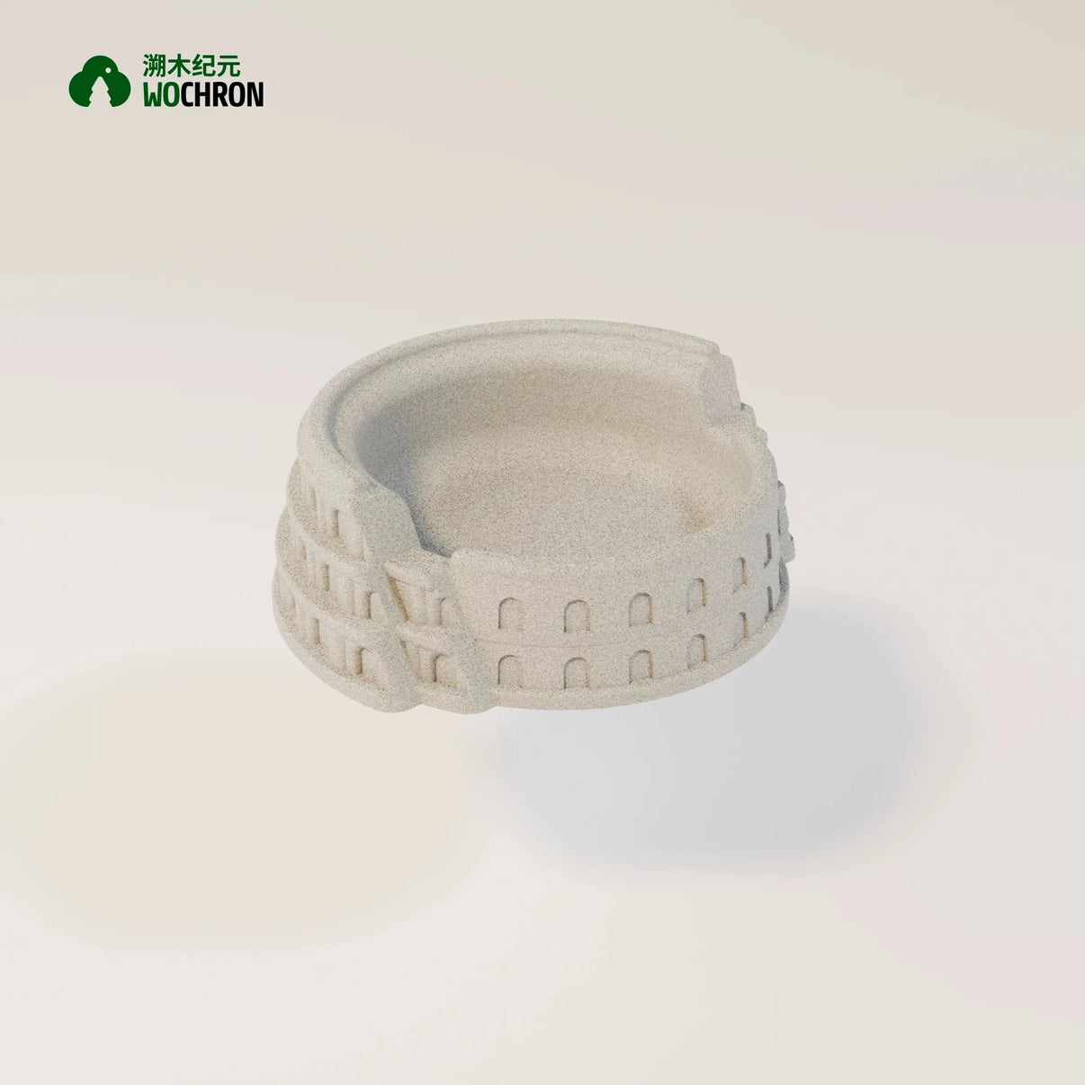 Reptile food bowl shaped like a Roman Colosseum, beige terrarium accessory on white background.
