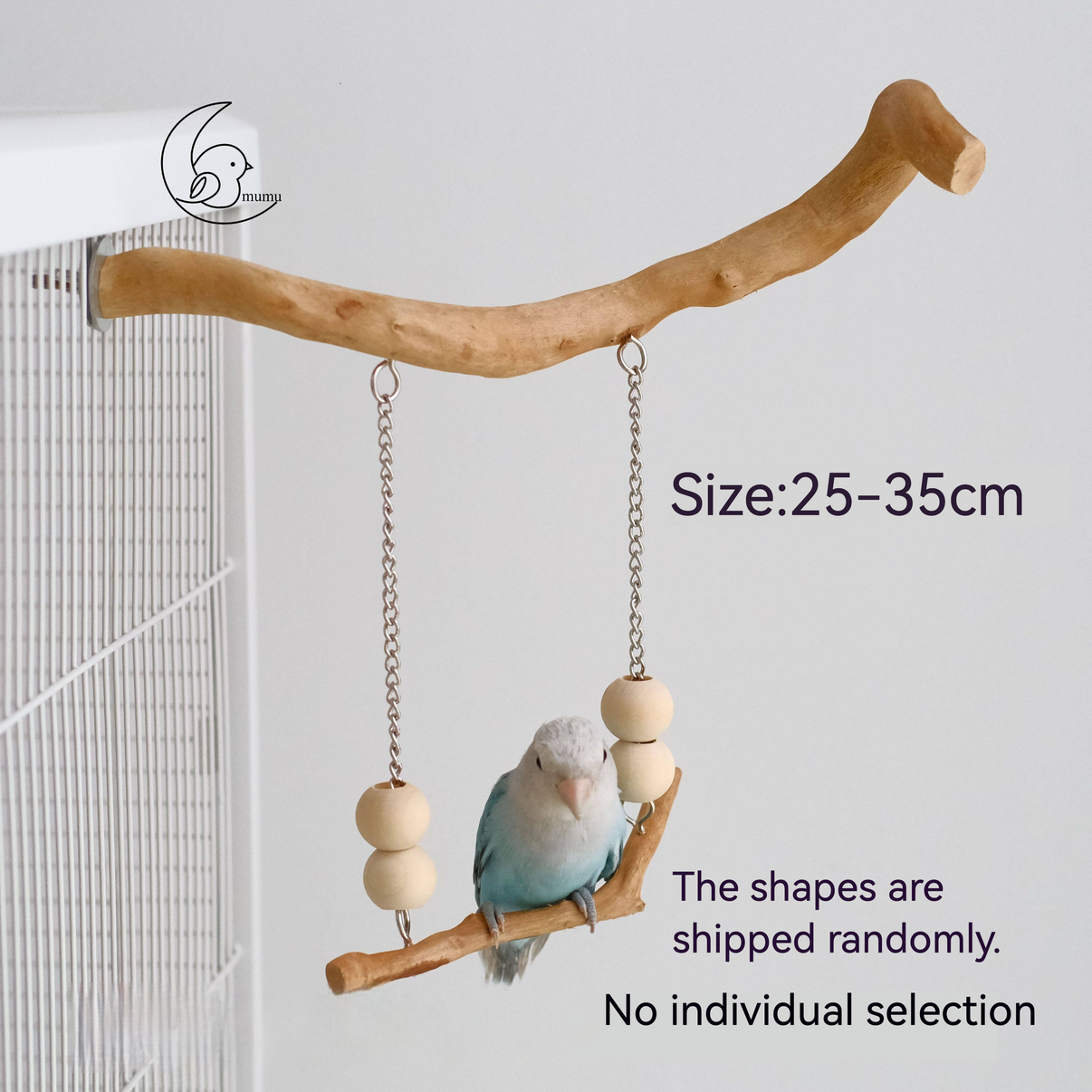 Natural wood bird perch with hanging swing and blue parrot in a birdcage setting