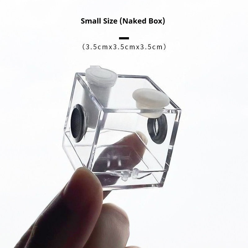 Small clear acrylic enclosure box for exotic pets, ideal for jumping spiders or insects.