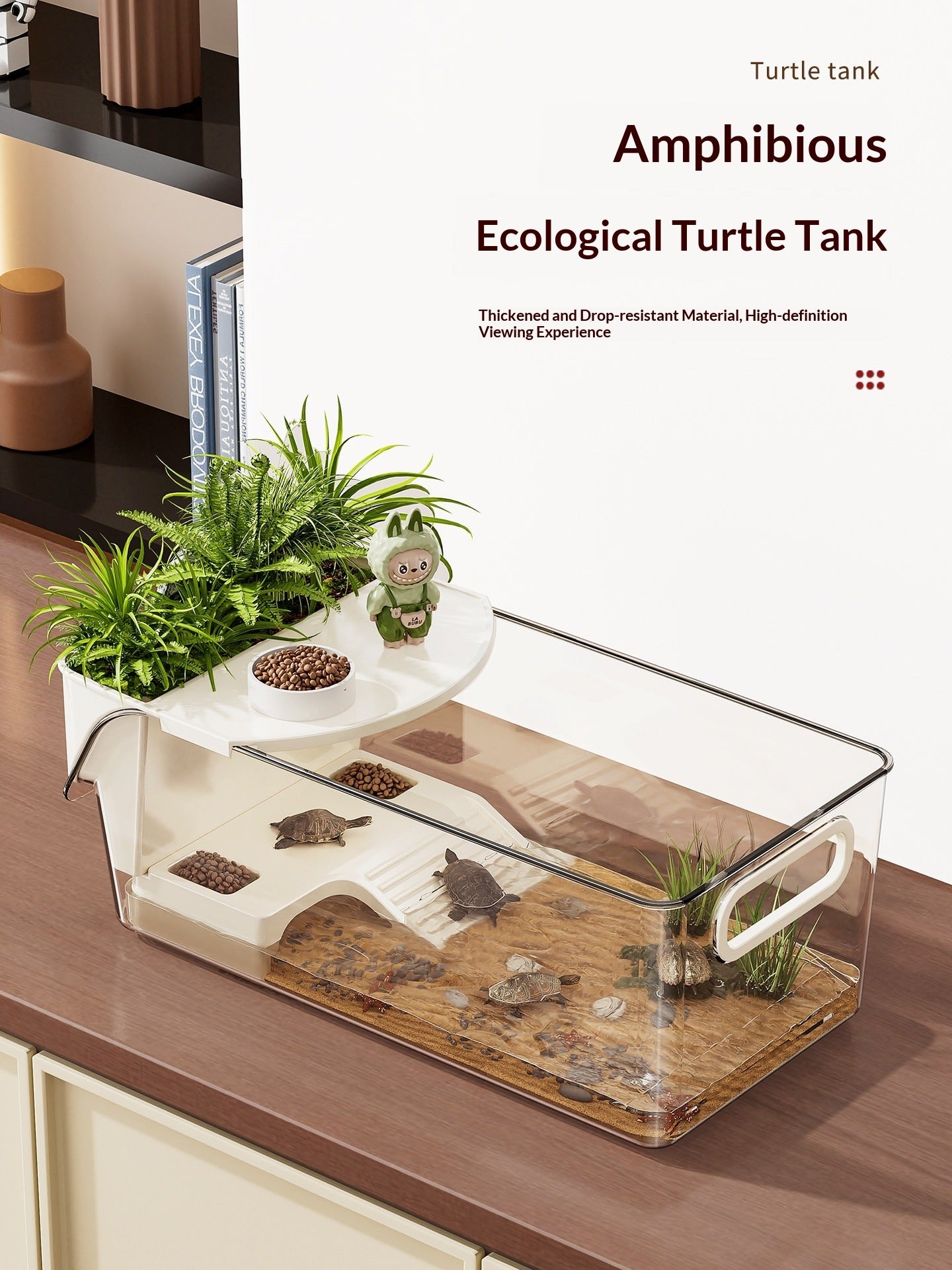 Amphibious turtle tank with turtles, plants, and a ramp, ideal for reptile habitats and decor.