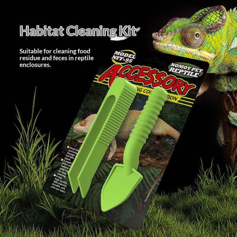 Reptile habitat cleaning kit with green tools, ideal for terrarium and enclosure maintenance.
