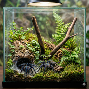 Jumping spider enclosure with moss, ferns, driftwood, and two spiders under terrarium light