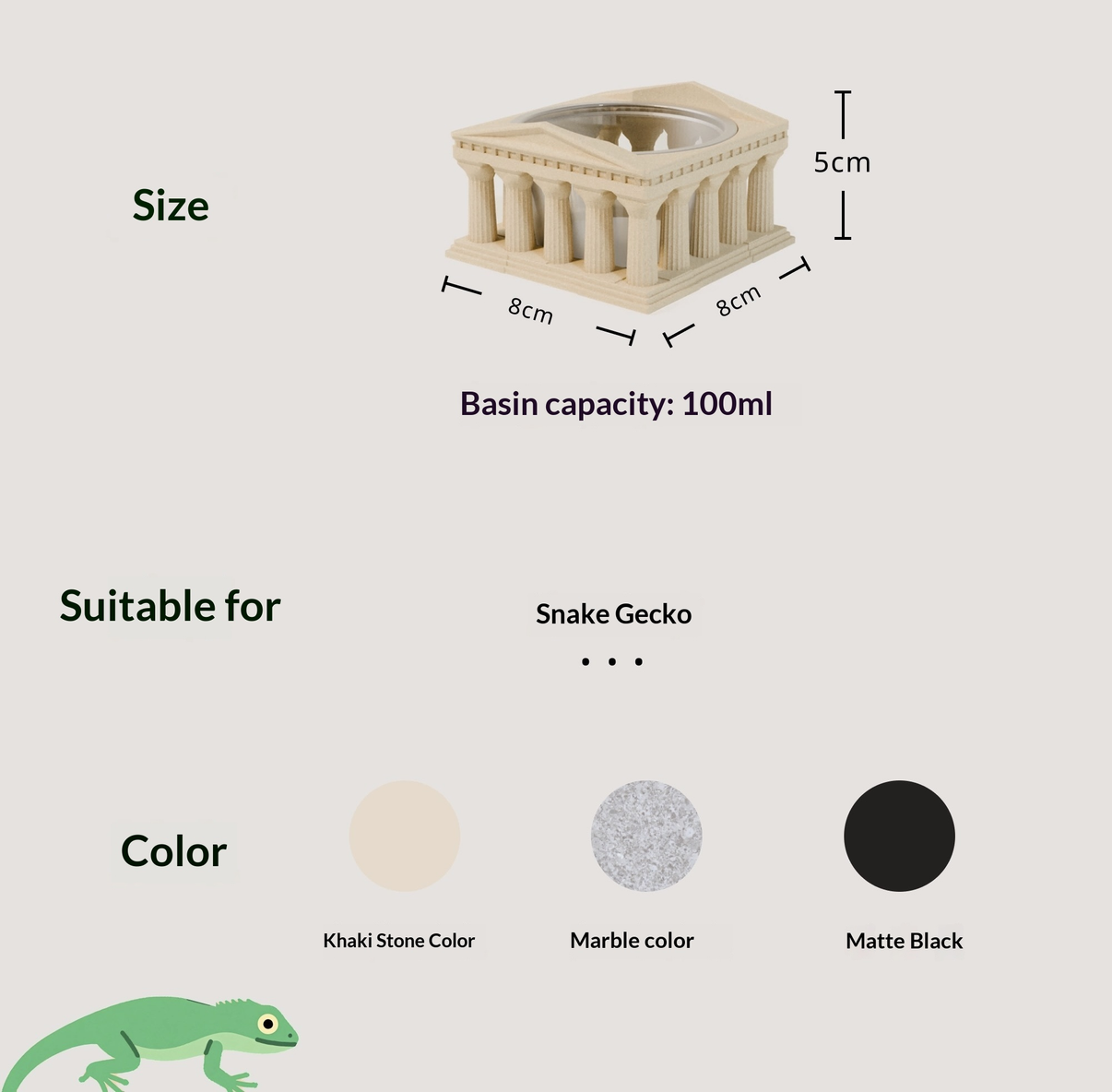 Ancient temple-style reptile water basin, 8x8x5cm, 100ml, for snake gecko, khaki, marble or black.