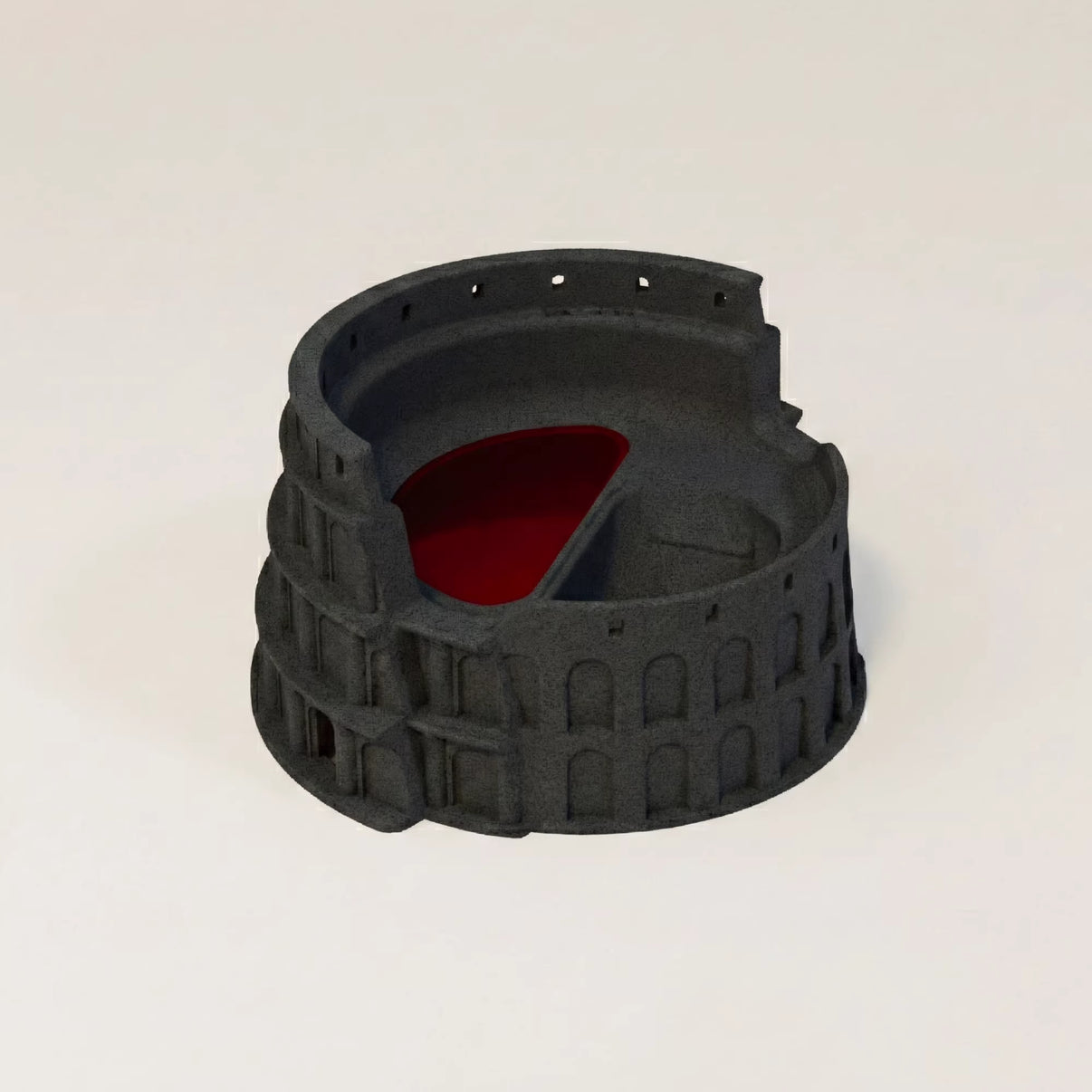 Colosseum-shaped reptile hideout with red interior, suitable for terrarium decor