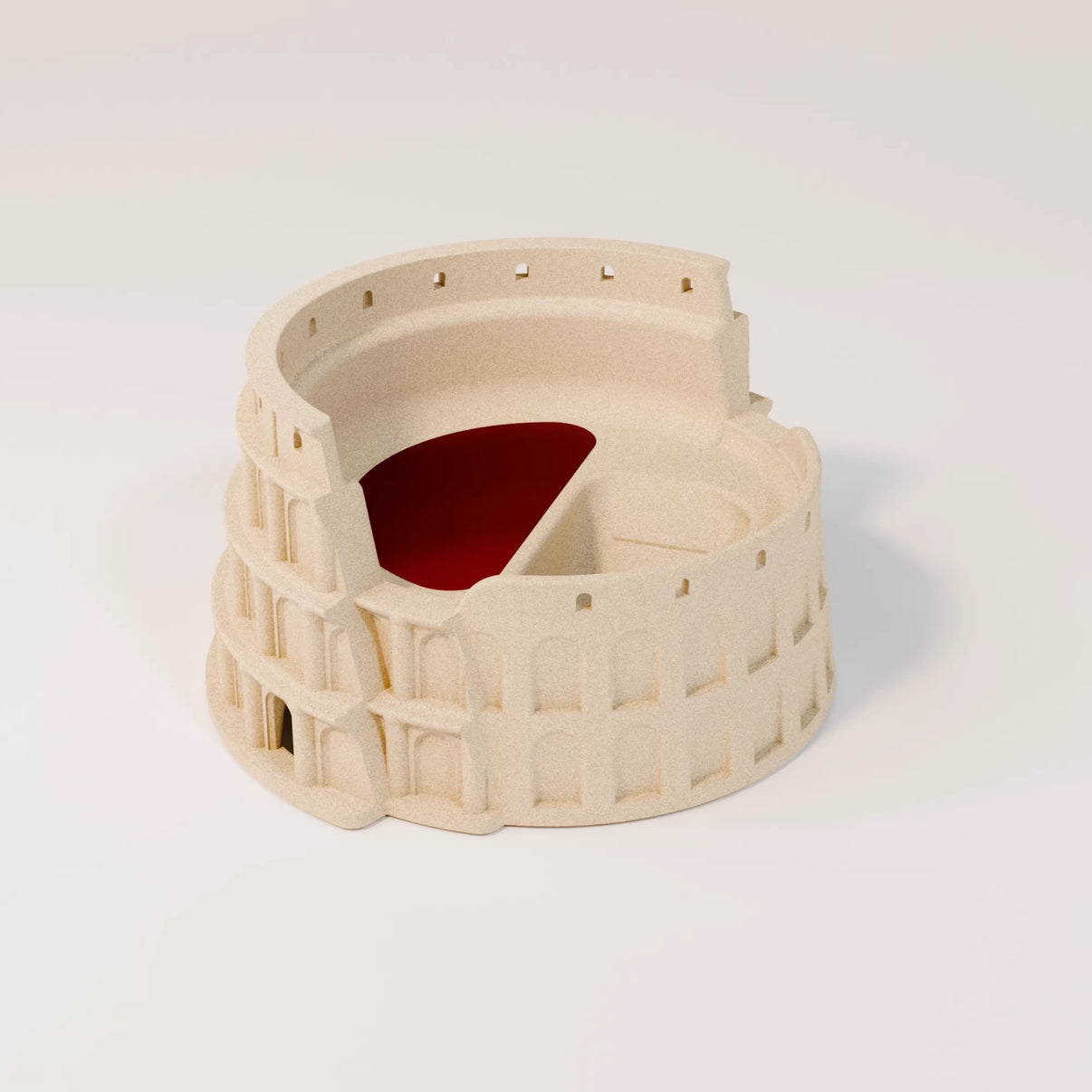 Colosseum-shaped reptile hideout with beige exterior and red interior for terrarium decor