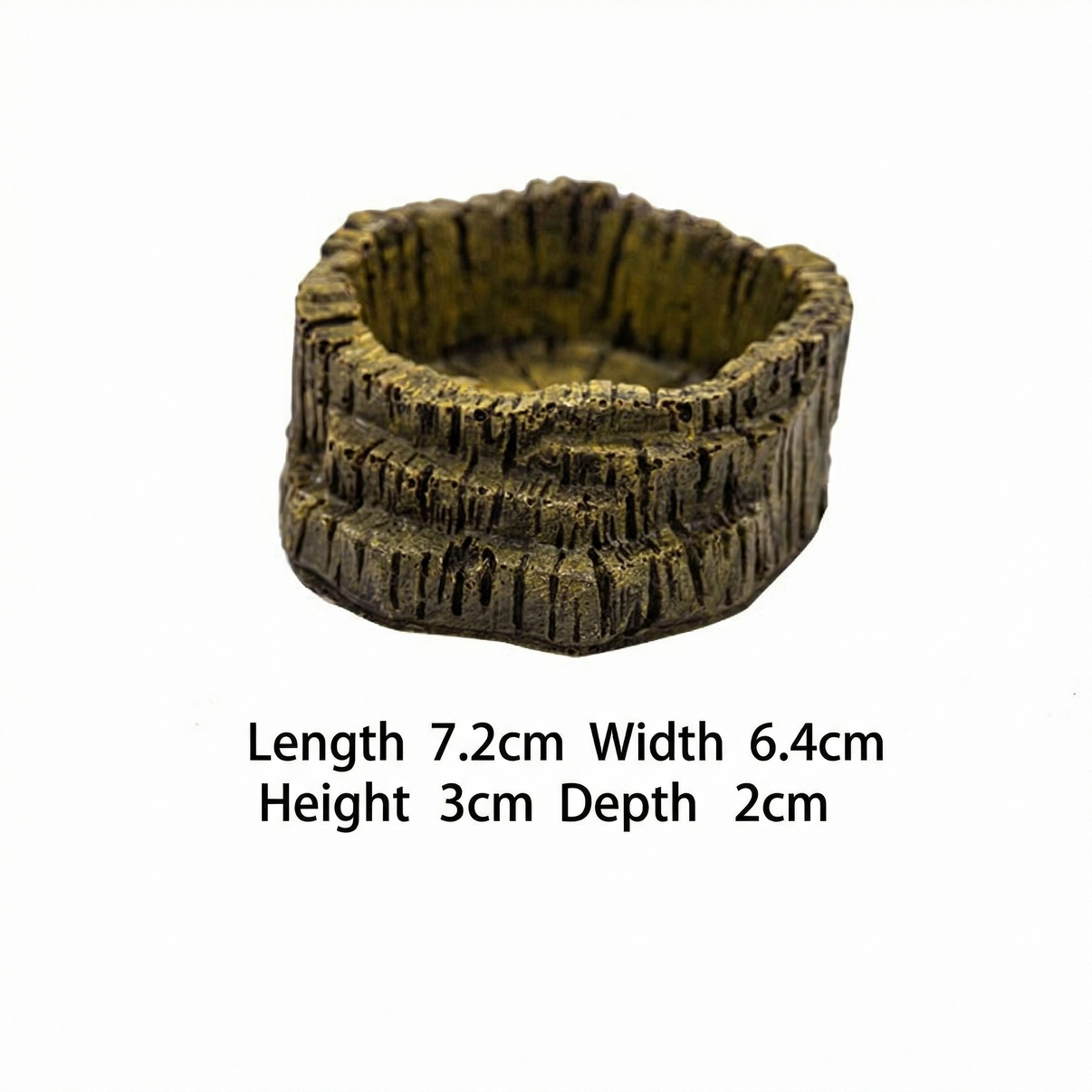 Small reptile water dish with natural wood texture, dimensions 7.2x6.4x3cm, terrarium accessory