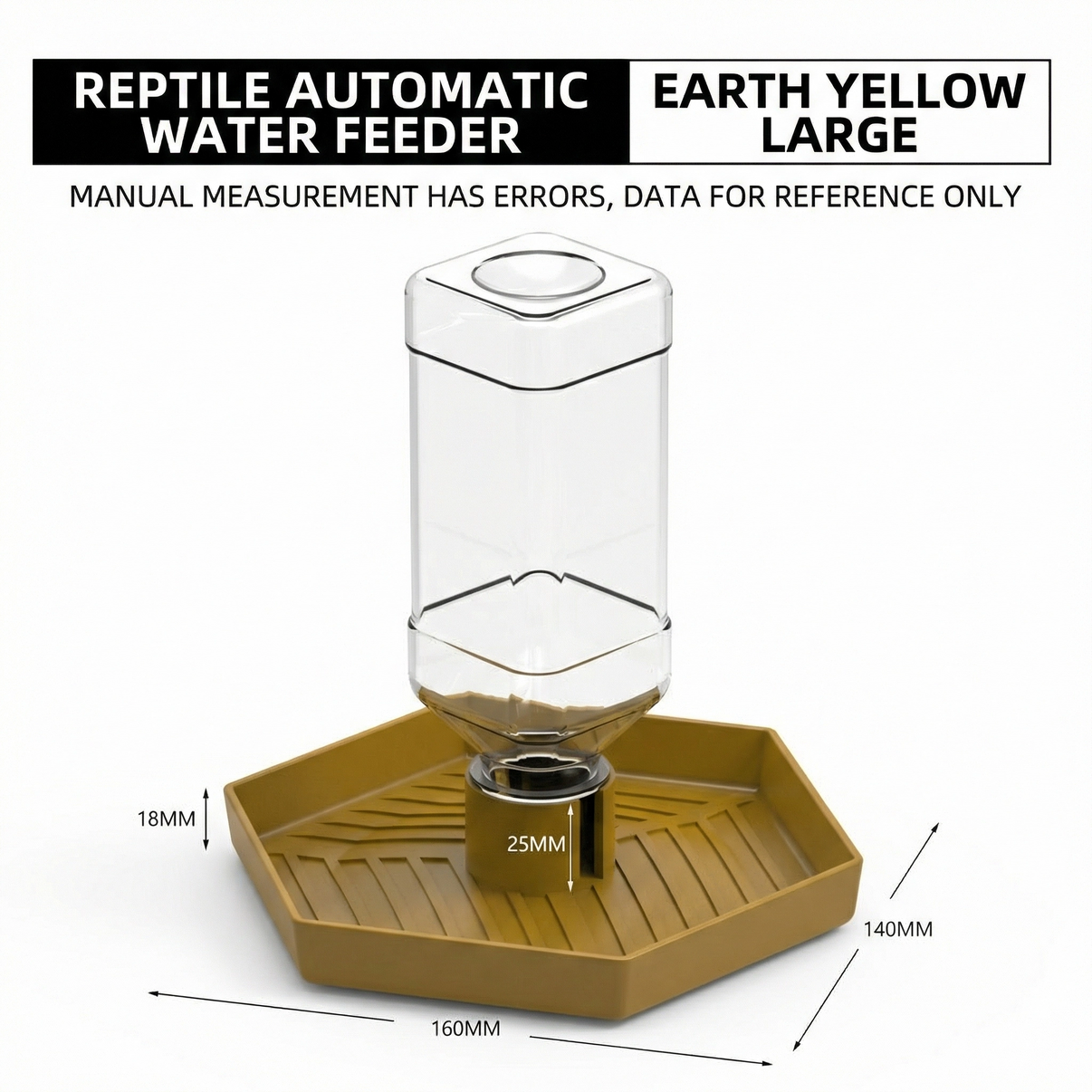 Earth yellow large reptile automatic water feeder with hexagonal base and size measurements