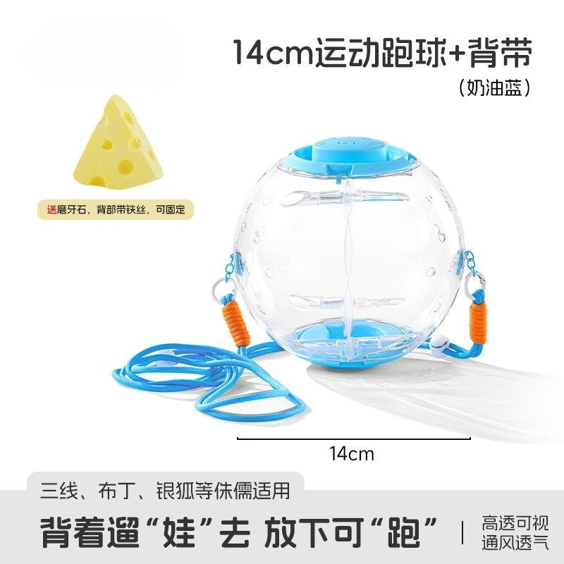 14cm clear blue small animal exercise ball with blue leash and cheese-shaped accessory, ideal for hamsters or small pets.