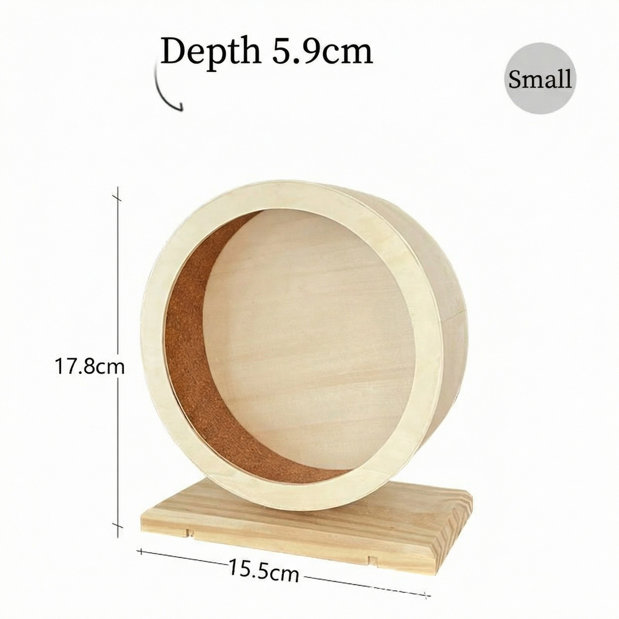 Small wooden hamster wheel with base, 17.8cm tall, 15.5cm wide, 5.9cm depth, pet exercise toy.