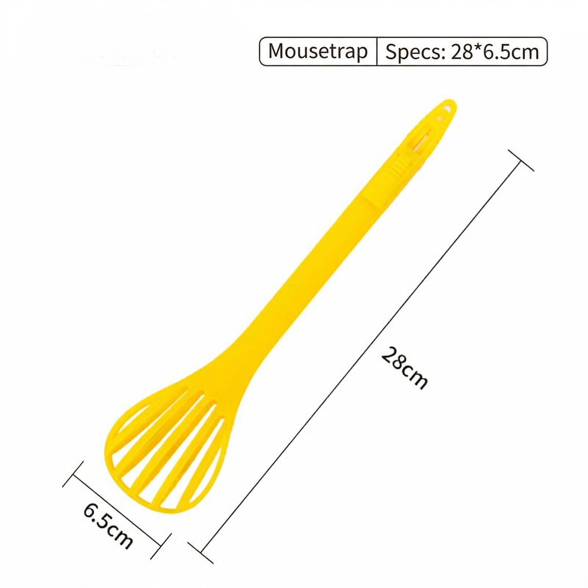 Yellow plastic slotted scoop for small pet enclosures, dimensions 28x6.5cm.