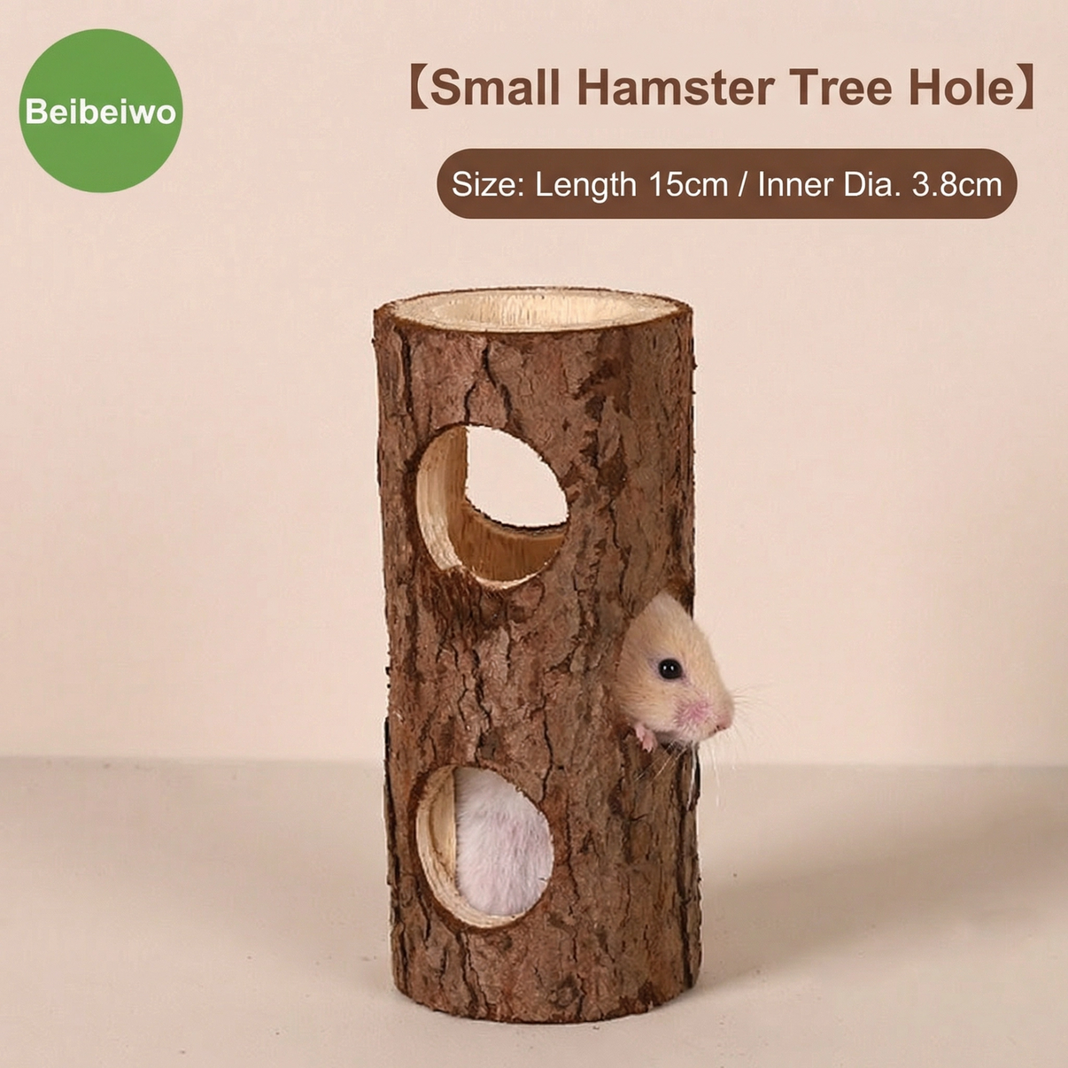 Small hamster peeking out of a wooden tree hole hideout with circular openings, pet accessory