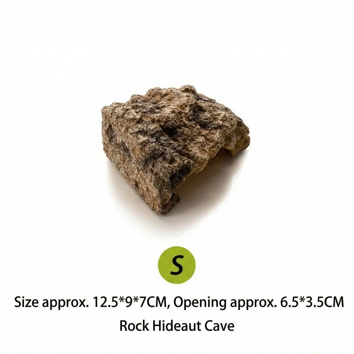 Small reptile rock cave hideout for terrariums, natural texture, size and opening dimensions shown.