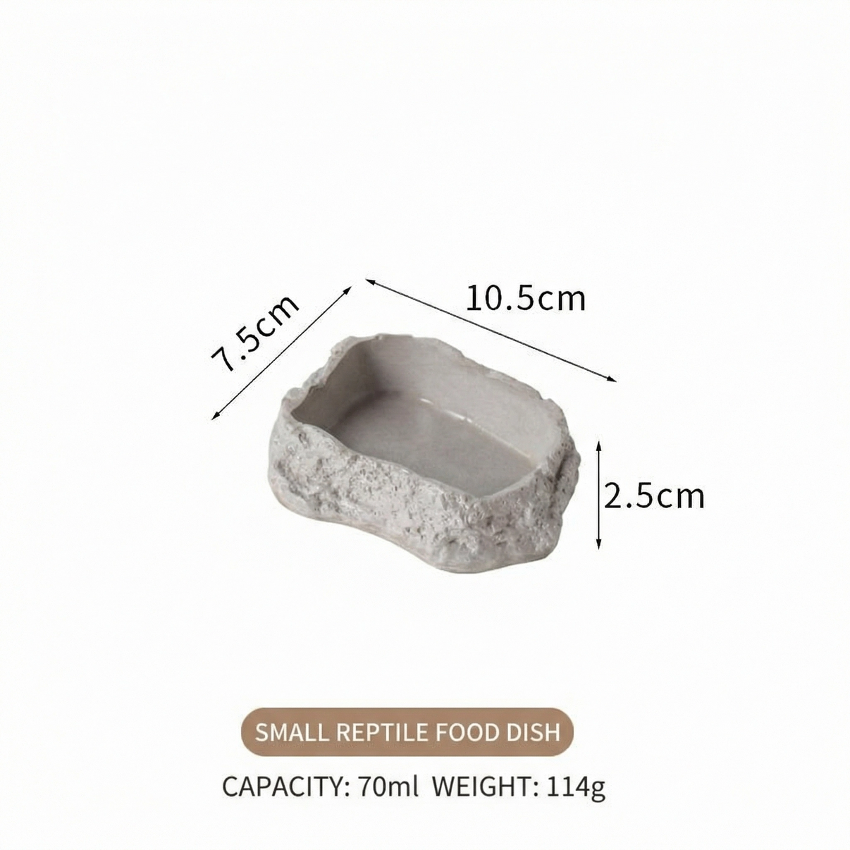 Small reptile food dish with rock texture, 10.5x7.5x2.5cm, 70ml capacity, 114g weight