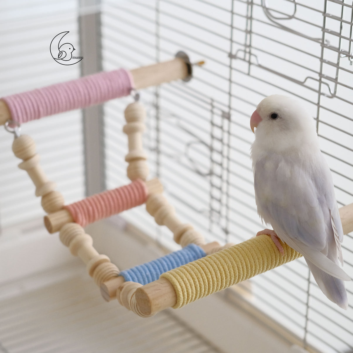 White parakeet perched on pastel rope bird perch in a metal bird cage