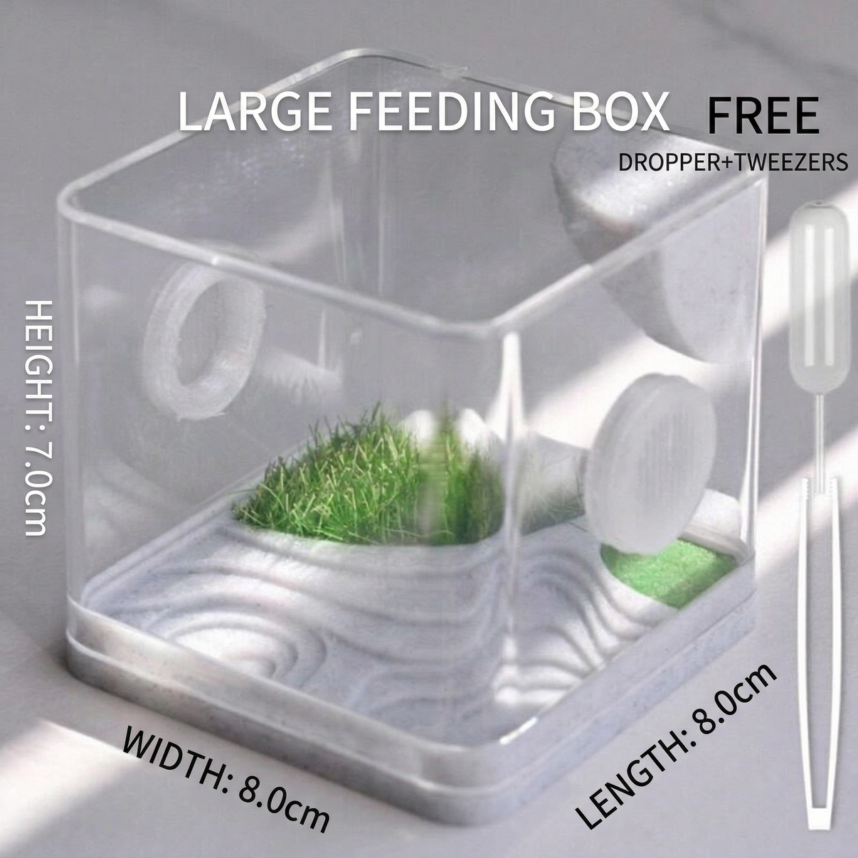Clear large feeding box for exotic pets, 8x8x7cm, with ventilation and free dropper and tweezers.