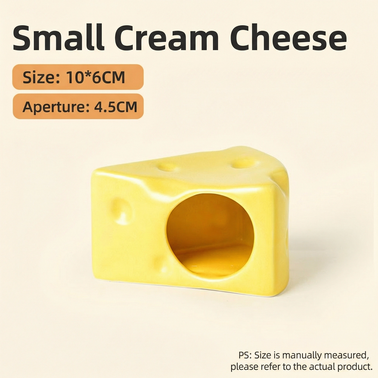 Yellow ceramic cheese-shaped reptile or small pet hideout with circular entrance, 10x6cm size.